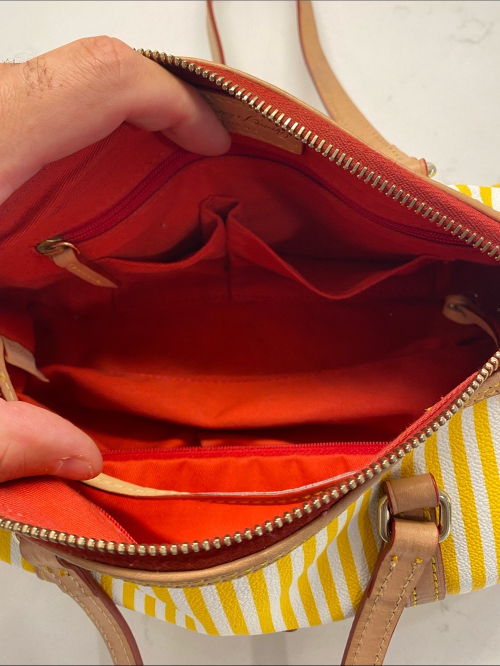 Dooney & Bourke Yellow & White Striped Barrel Shoulder Bag Tan Trim EUC ✨ - Picture 8 of 12